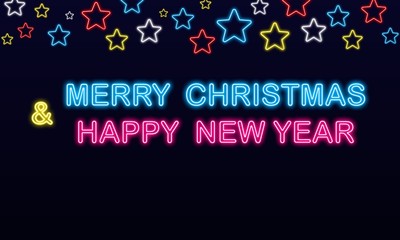 Fototapeta na wymiar Merry Christmas and Happy New Year on neon stars background