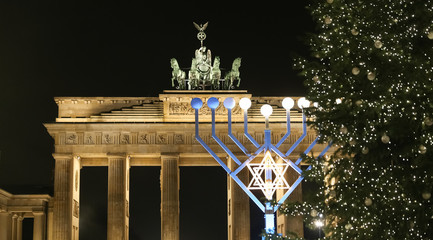 Menorah and Christmas Tree in Pariser Platz, Berlin, Germany