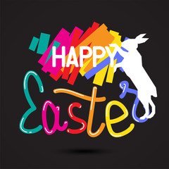 Happy Easter colorful lettering with a bunny for greeting card. Vector illustration