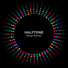 Colorful Bright Abstract Halftone Design Element on black background. Vector illustration.