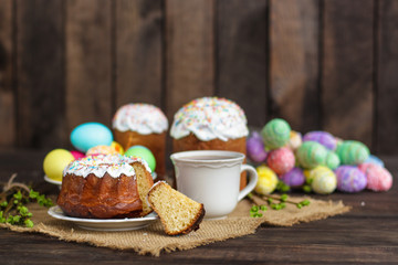 Easter cake and Easter eggs (traditional decoration and attributes). Happy easter!