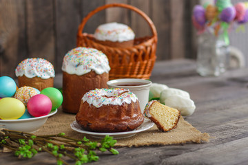Easter cake and Easter eggs (traditional decoration and attributes). Happy easter!
