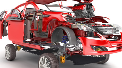 Fototapeta premium Details of the red car on a white background 3D render