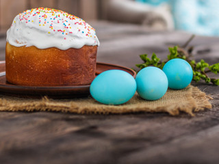 Easter cake and Easter eggs (traditional decoration and attributes). Happy easter!