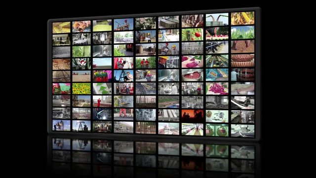 Video wall montage industrial production. People working in a factory, construction, agriculture, food industry, fossil fuels, cereals, fruits and vegetables, farm animal, time lapse