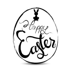 Happy Easter lettering with a bunny and an egg for greeting card. Vector illustration