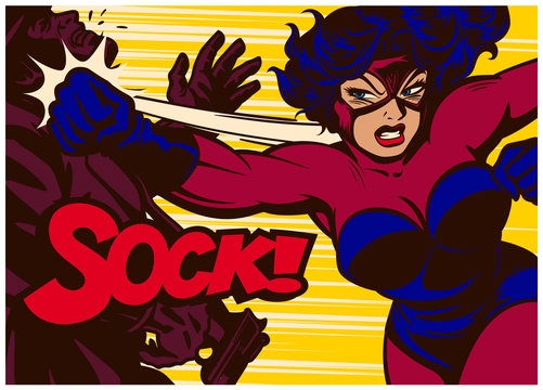 Pop Art Comic Book Style Panel With Super Heroine Throwing Punch And Beating Super Villain Female Superhero Vector Illustration