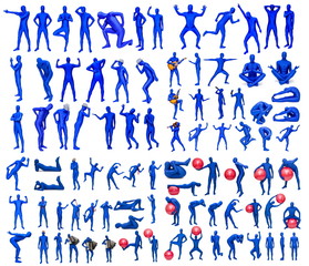 Man in blue costume in various poses