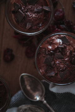 Overhead view of chocolate mousse on table