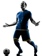 Naklejka premium one caucasian soccer player man happy celebration in silhouette isolated on white background