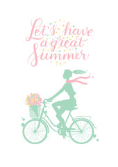 Summer2/A girl rides a Bicycle. Summertime. Vector illustration. Handwritten modern calligraphy poster.