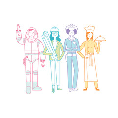 professional woman_color2/Professional woman. Cook, engineer, policeman, astronaut. Color vector illustration.