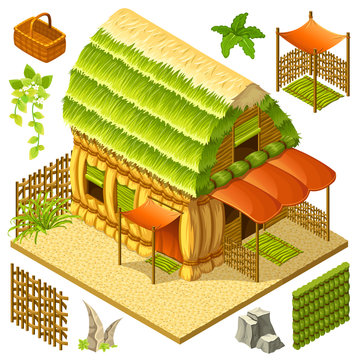Set 3d isometric straw cottage with wicker fence and elements for the landscape for computer games. Vector cartoon illustration.