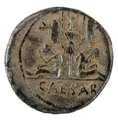Roman Republic Coin. Ancient Roman silver denarius of the family Julia. Julius Caesar. Reverse.