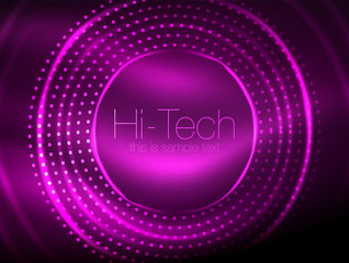 Magic neon circle shape abstract background, shiny light effect template for web banner, business or technology presentation background or elements, vector illustration