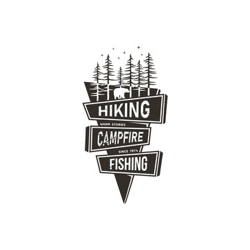 Vintage Hand Drawn Travel Badge Design. Camping, Hiking Travel Badge Design Concept In 70s Style With Signs - Hiking, Campfire, Fishing. Black Style. Stock Vector Sticker Isolated On White Background