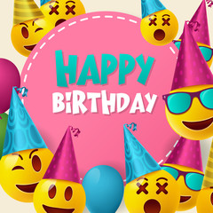 Happy birthday vector design with smileys wearing birthday hat in white empty space for message and text for party and celebration