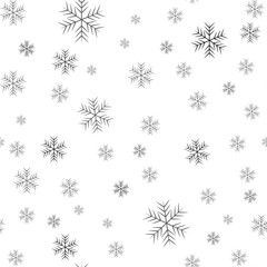 Snowflake simple seamless pattern. Black snow on white background. Abstract wallpaper, wrapping decoration. Symbol of winter, Merry Christmas holiday, Happy New Year celebration