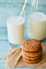 fresh oatmeal cookies and milk on blue wooden background with spikelets of oat