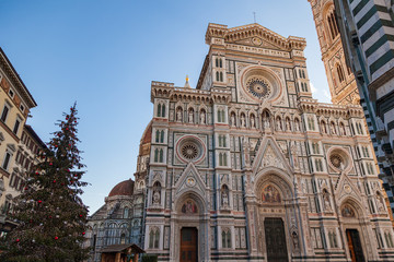 Fototapeta premium Cathedral of Santa Maria del Fiore and Christmas tree on Piazza del Duomo at morning.