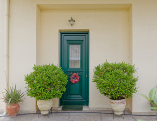 Fototapeta na wymiar Athens Greece, cosy house entrance with green door and plants