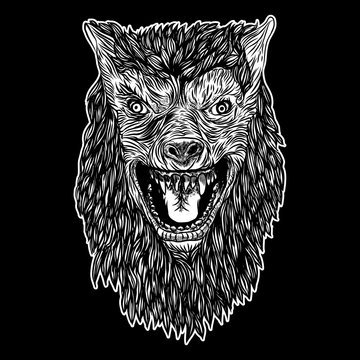 Head of roaring wolf or werewolf. T-shirt print Halloween concept. Blackwork adult tattoo flash line style Vector.