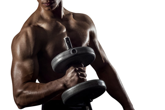 Highly retouched fitness model and bodybuilder training with dumbbells. posing the biceps and shoulder. concept of strength and power. Isolated on white background. Copy space.