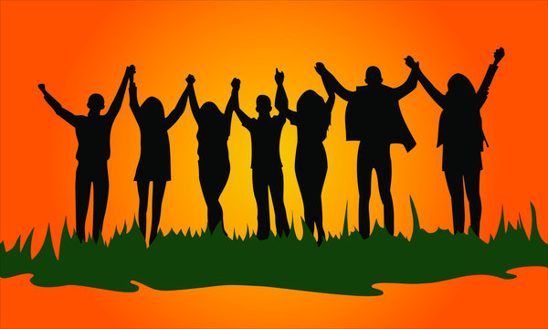  silhouette image of  group of young people holding hands up, friendly cheerful company