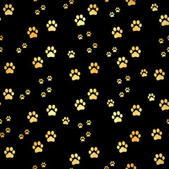 Gold Paw print seamless pattern. Seamless pattern of animal gold footprints. Dog paw print seamless pattern on gold background