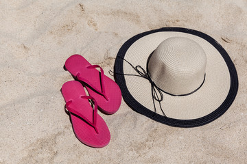 Fototapeta na wymiar Beach Accessories On Sandy Beach In The Summer