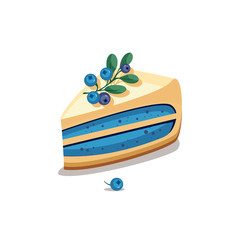 Piece of cake with cream, decorated with blueberries.