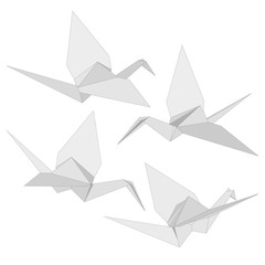 Set of Isolated figure of japanese crane folded from white paper in origami style on white background. Symbol of hope. Various views.