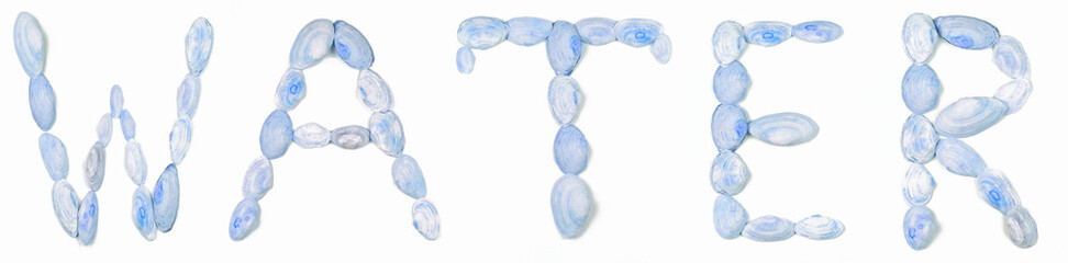 Water, the word water from shells, letters from shells, English, thirst for white background, minimalism, isolated, handmade letters for designer, American culture, clean water