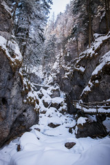 Fototapeta na wymiar Frozen icy snow covered waterfall in gorge Baerenschuetzklamm in Winter