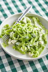 Traditional italian handmade spinach tagliatelle with ricotta cheese on green checkered tablecloth