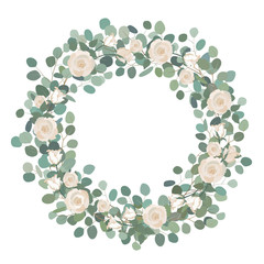 White Rose flowers and silver dollar Eucalyptus garland, round wreath. Greeting, wedding invite template. Round frame border with Save the date text