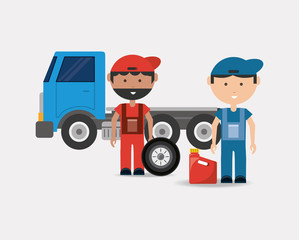 Obraz premium Car service design with tow truck and mechanics men over white background, colorful design vector illustration