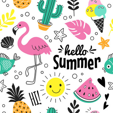 Hello Summer pattern. Vector seamless pattern with funny summer symbols, such as flamingo, ice cream, cactus, pineapple and watermelon in doodle style. Isolated  on white.