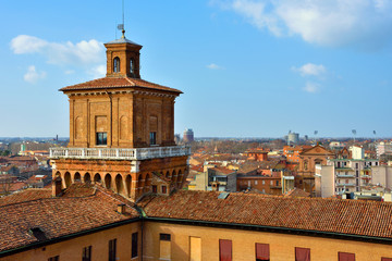 panorama of the historic center seen from the Este castle Ferrara Italy