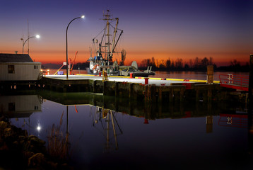 Fototapeta na wymiar Steveston Morning, Dockside Horizontal. Sunrise twilight over the harbor of Steveston, British Columbia, Canada near Vancouver. 