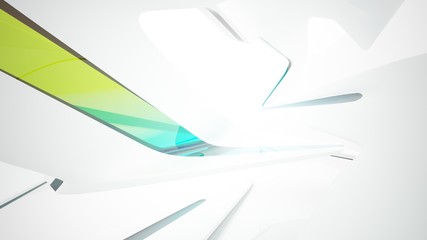 Abstract white and colored gradient glasses interior multilevel public space with window. 3D illustration and rendering.