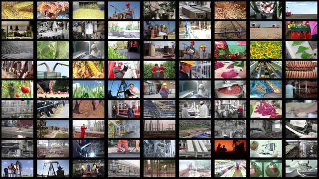 Video wall montage industrial production. People working in a factory, construction, agriculture, food industry, fossil fuels, cereals, fruits and vegetables, farm animal, time lapse