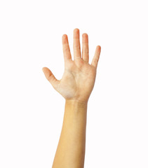 Kid's hand stretching up isolated on white background