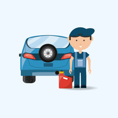 Car service design with cartoon mechanic man and car over blue background, colorful design vector illustration