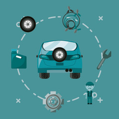 car with mechanic tools around over blue background, colorful design vector illustration