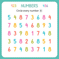 Circle every number Eight. Numbers for kids. Worksheet for kindergarten and preschool. Training to write and count numbers. Exercises for children