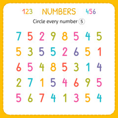 Circle every number Five. Numbers for kids. Worksheet for kindergarten and preschool. Training to write and count numbers. Exercises for children