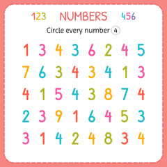 Circle every number Four. Numbers for kids. Worksheet for kindergarten and preschool. Training to write and count numbers. Exercises for children