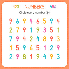 Circle every number Nine. Numbers for kids. Worksheet for kindergarten and preschool. Training to write and count numbers. Exercises for children