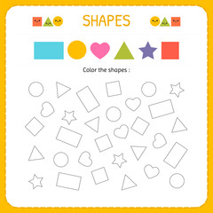 Coloring multiple shapes. Learn shapes and geometric figures. Preschool or kindergarten worksheet for practicing motor skills